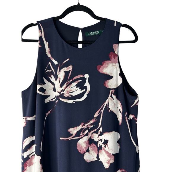 Lauren Ralph Lauren Floral Print Shift Dress Size 16 Navy Sleeveless Liquid Knit - Picture 2 of 11